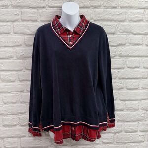 Tommy Hilfiger Women's XL Red Plaid Layered-Look Sweater Windowpane Y2K Style